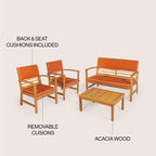 Ensemble de patio extérieur Freja 4 pièces en bois d'acacia côtier moderne avec coussins, par JONATHAN Y