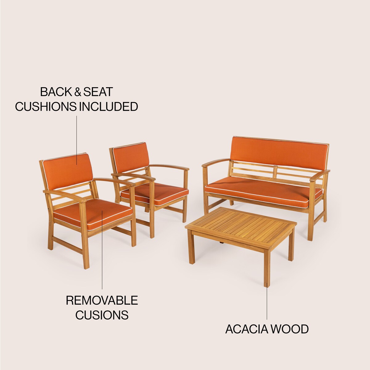 Ensemble de patio extérieur Freja 4 pièces en bois d'acacia côtier moderne avec coussins, par JONATHAN Y