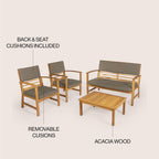 Ensemble de patio extérieur Freja 4 pièces en bois d'acacia côtier moderne avec coussins, par JONATHAN Y