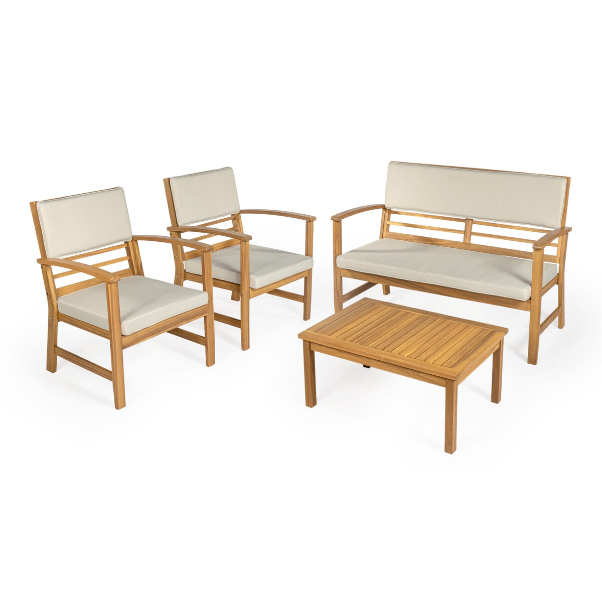 Ensemble de patio extérieur Freja 4 pièces en bois d'acacia côtier moderne avec coussins, par JONATHAN Y