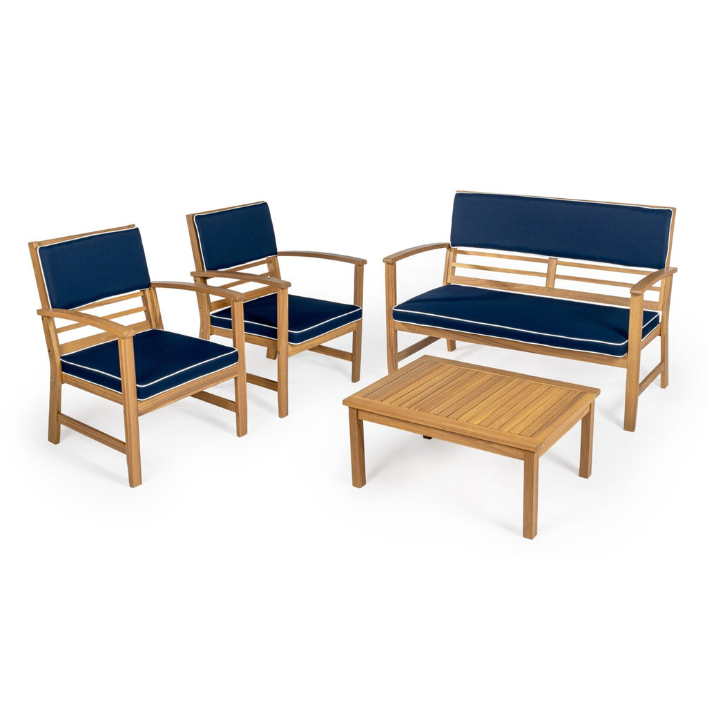 Ensemble de patio extérieur Freja 4 pièces en bois d'acacia côtier moderne avec coussins, par JONATHAN Y