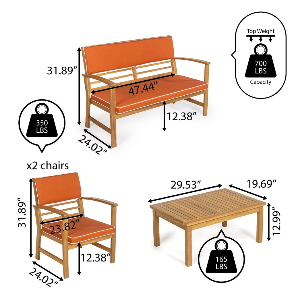 Ensemble de patio extérieur Freja 4 pièces en bois d'acacia côtier moderne avec coussins, par JONATHAN Y
