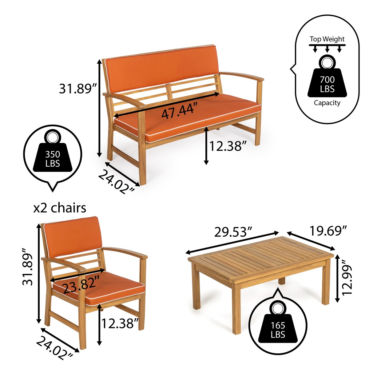 Ensemble de patio extérieur Freja 4 pièces en bois d'acacia côtier moderne avec coussins, par JONATHAN Y