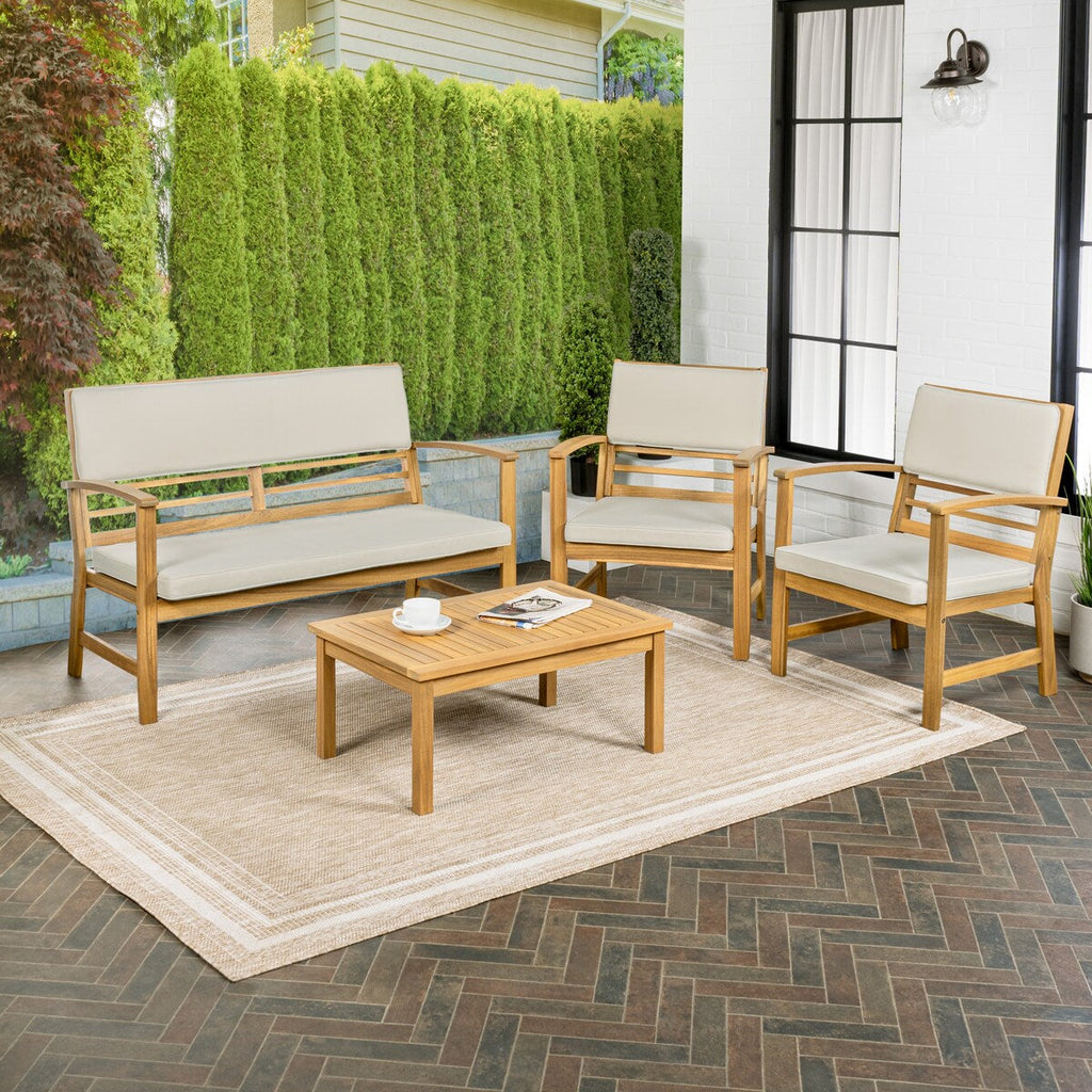 Ensemble de patio extérieur Freja 4 pièces en bois d'acacia côtier moderne avec coussins, par JONATHAN Y