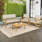 Ensemble de patio extérieur Freja 4 pièces en bois d'acacia côtier moderne avec coussins, par JONATHAN Y
