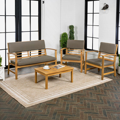 Ensemble de patio extérieur Freja 4 pièces en bois d'acacia côtier moderne avec coussins, par JONATHAN Y