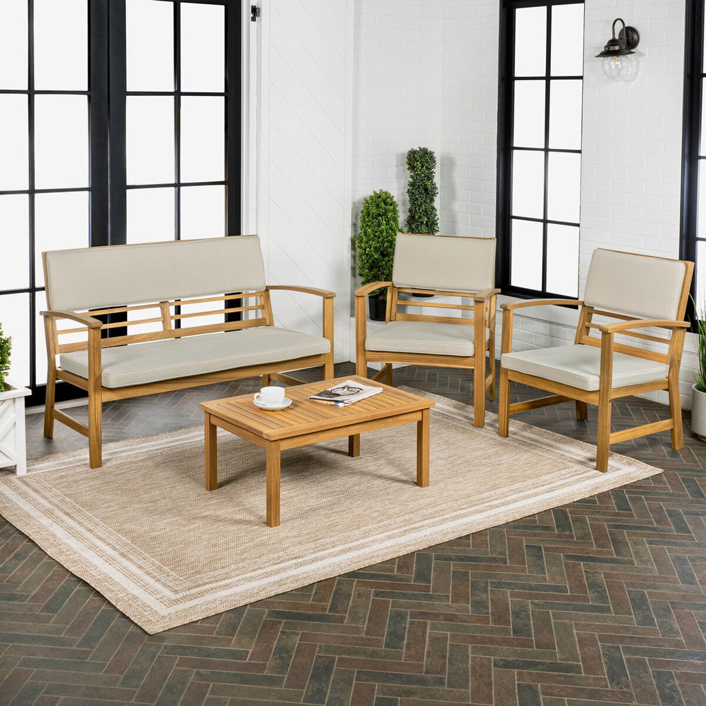 Ensemble de patio extérieur Freja 4 pièces en bois d'acacia côtier moderne avec coussins, par JONATHAN Y