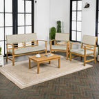 Ensemble de patio extérieur Freja 4 pièces en bois d'acacia côtier moderne avec coussins, par JONATHAN Y