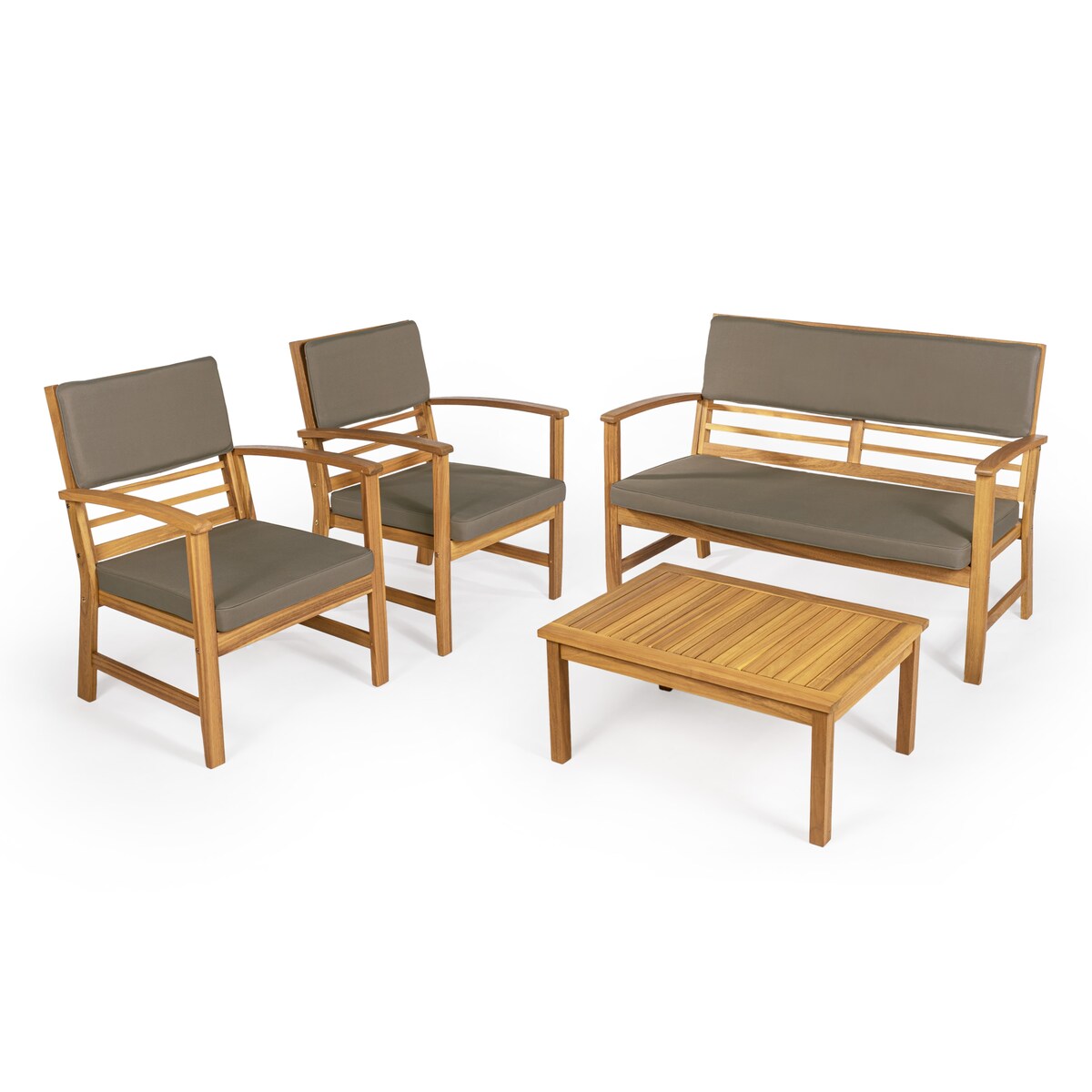 Ensemble de patio extérieur Freja 4 pièces en bois d'acacia côtier moderne avec coussins, par JONATHAN Y