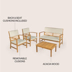 Ensemble de patio extérieur Freja 4 pièces en bois d'acacia côtier moderne avec coussins, par JONATHAN Y