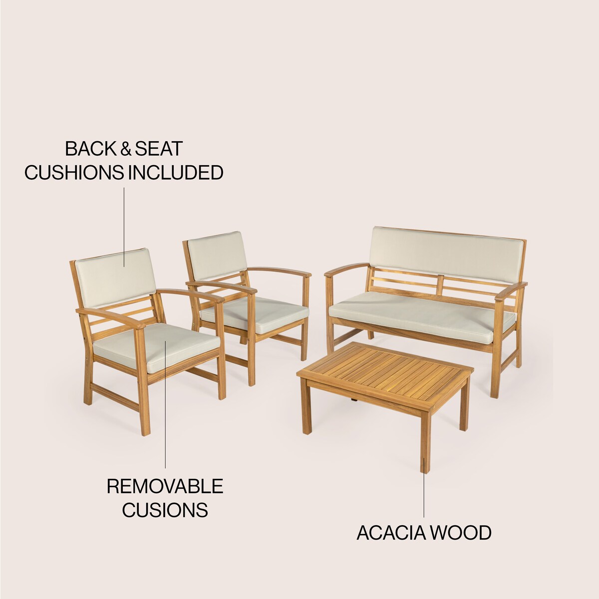 Ensemble de patio extérieur Freja 4 pièces en bois d'acacia côtier moderne avec coussins, par JONATHAN Y