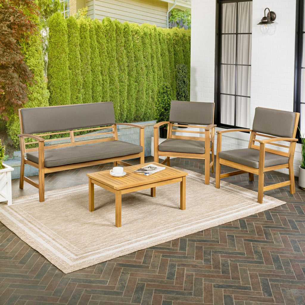 Ensemble de patio extérieur Freja 4 pièces en bois d'acacia côtier moderne avec coussins, par JONATHAN Y