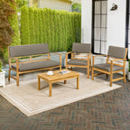 Ensemble de patio extérieur Freja 4 pièces en bois d'acacia côtier moderne avec coussins, par JONATHAN Y
