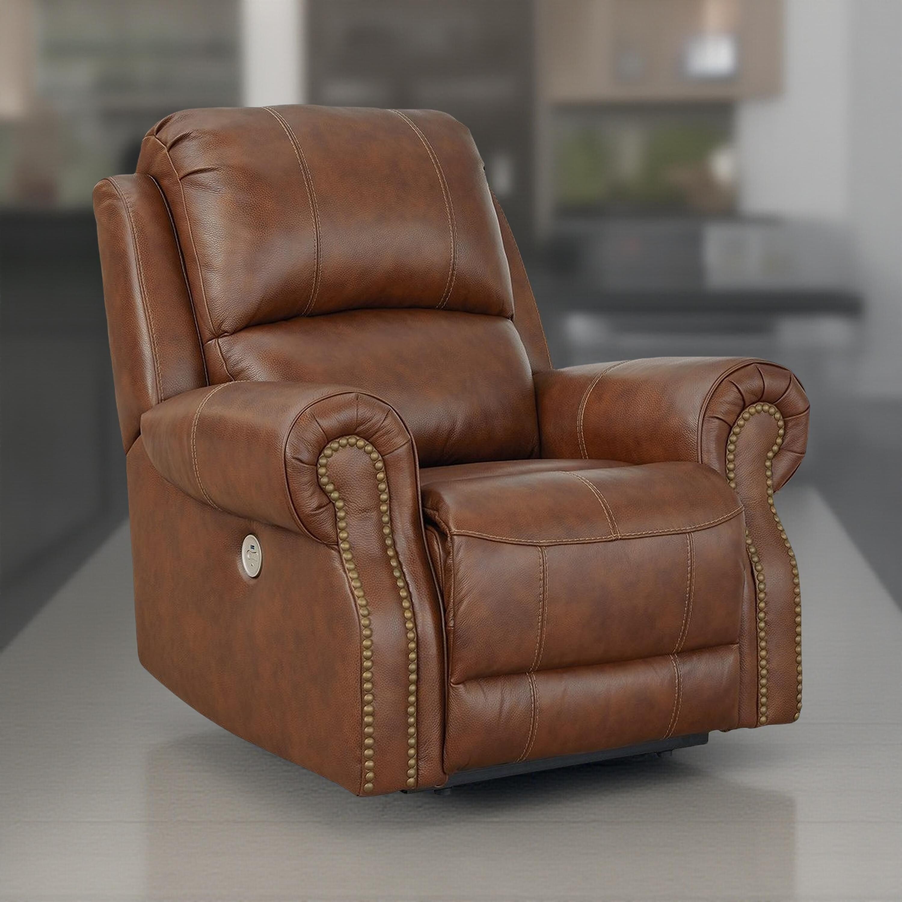 Fauteuil inclinable électrique Freye, USB, cuir marron clair rembourré moelleux