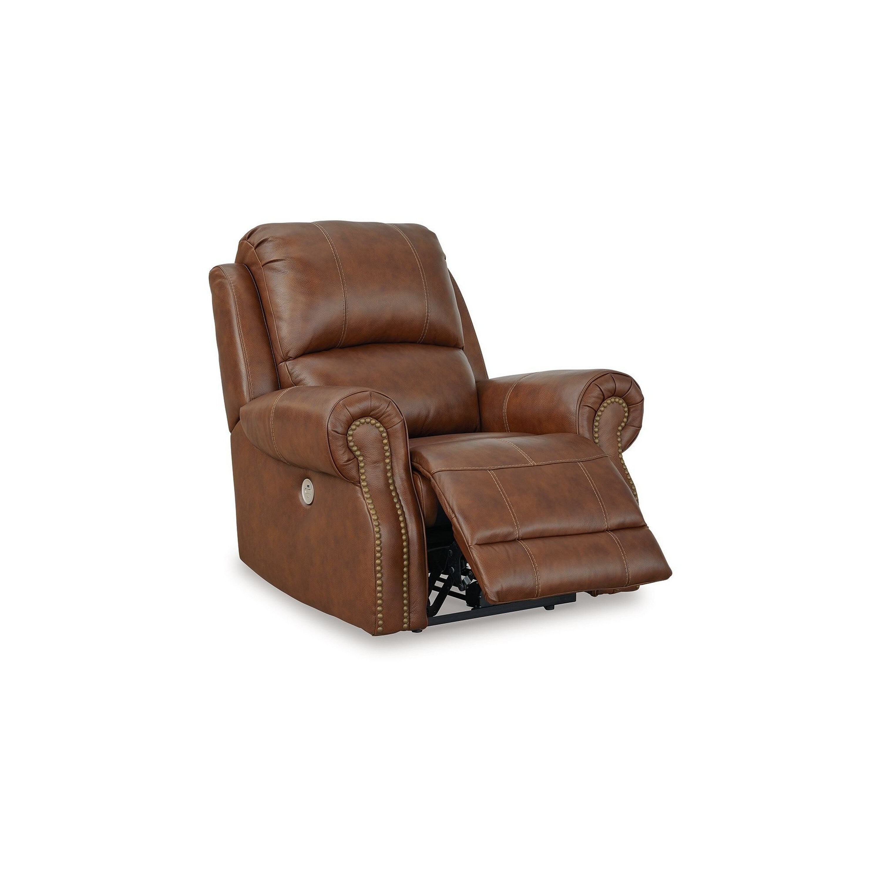 Fauteuil inclinable électrique Freye, USB, cuir marron clair rembourré moelleux