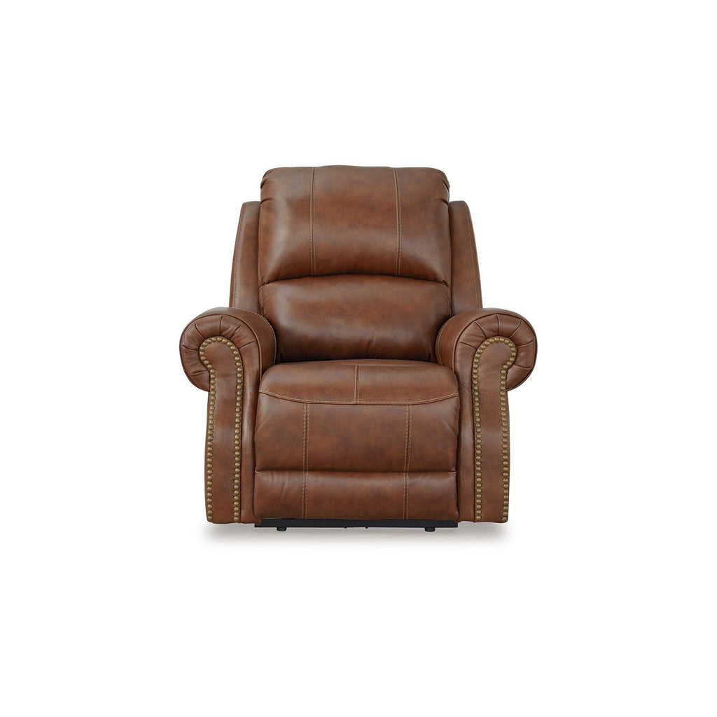 Fauteuil inclinable électrique Freye, USB, cuir marron clair rembourré moelleux