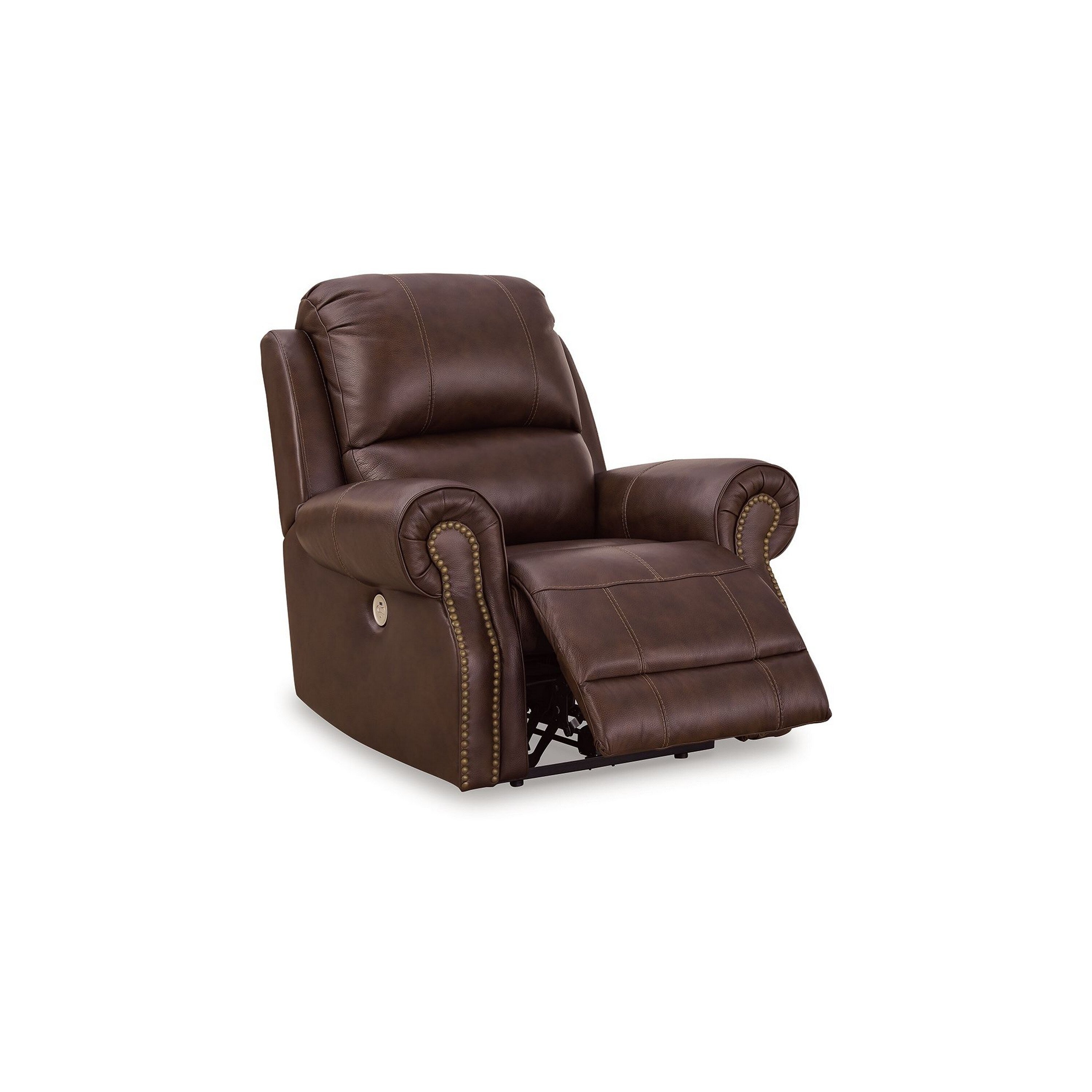 Fauteuil inclinable électrique Freye, USB, sans paroi, cuir marron foncé, garniture cloutée