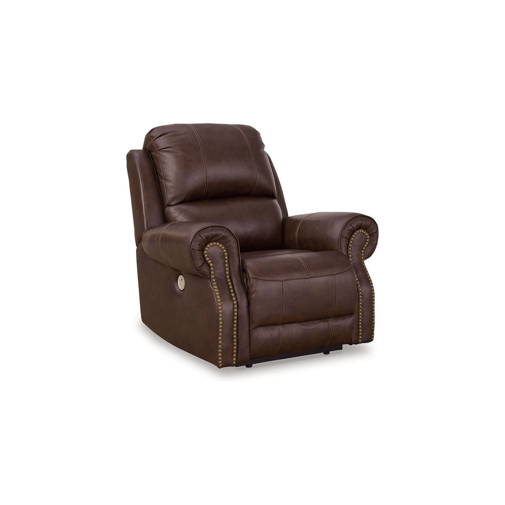 Fauteuil inclinable électrique Freye, USB, sans paroi, cuir marron foncé, garniture cloutée