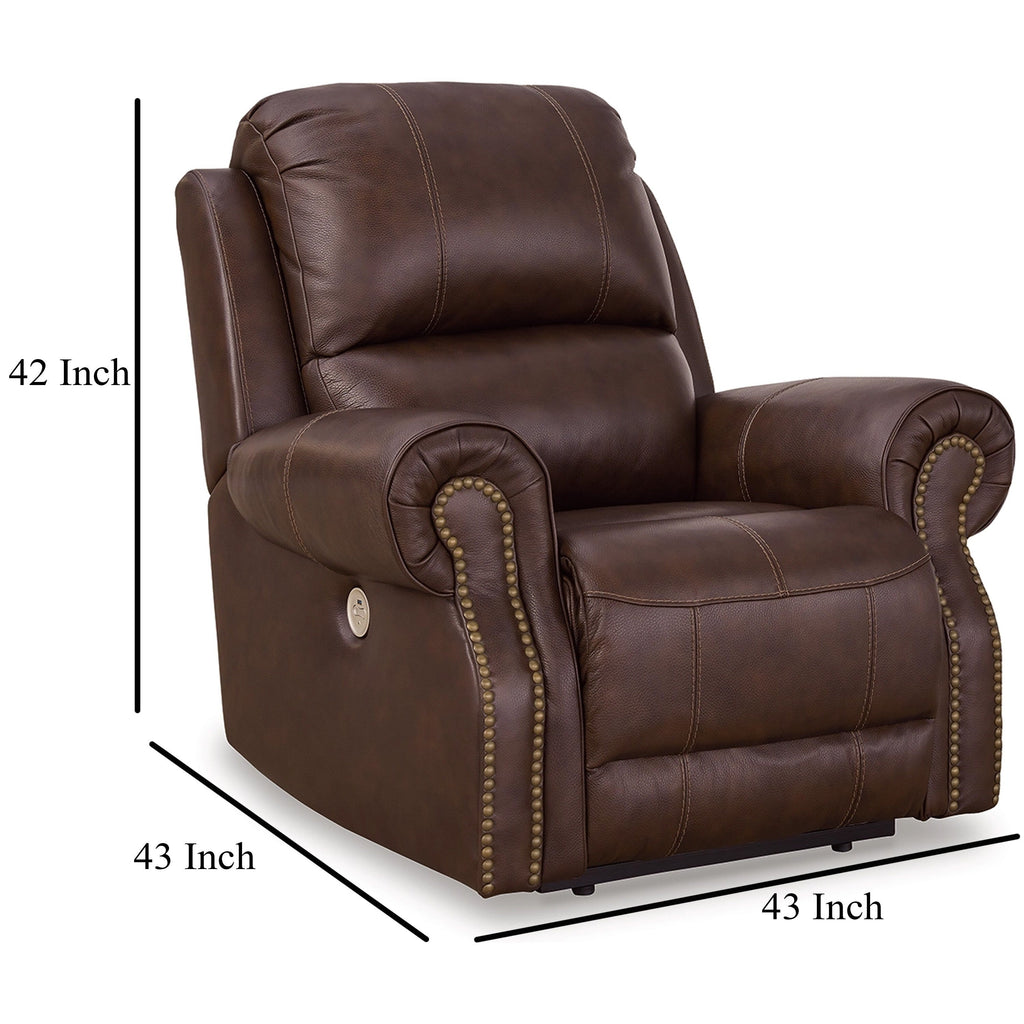 Fauteuil inclinable électrique Freye, USB, sans paroi, cuir marron foncé, garniture cloutée