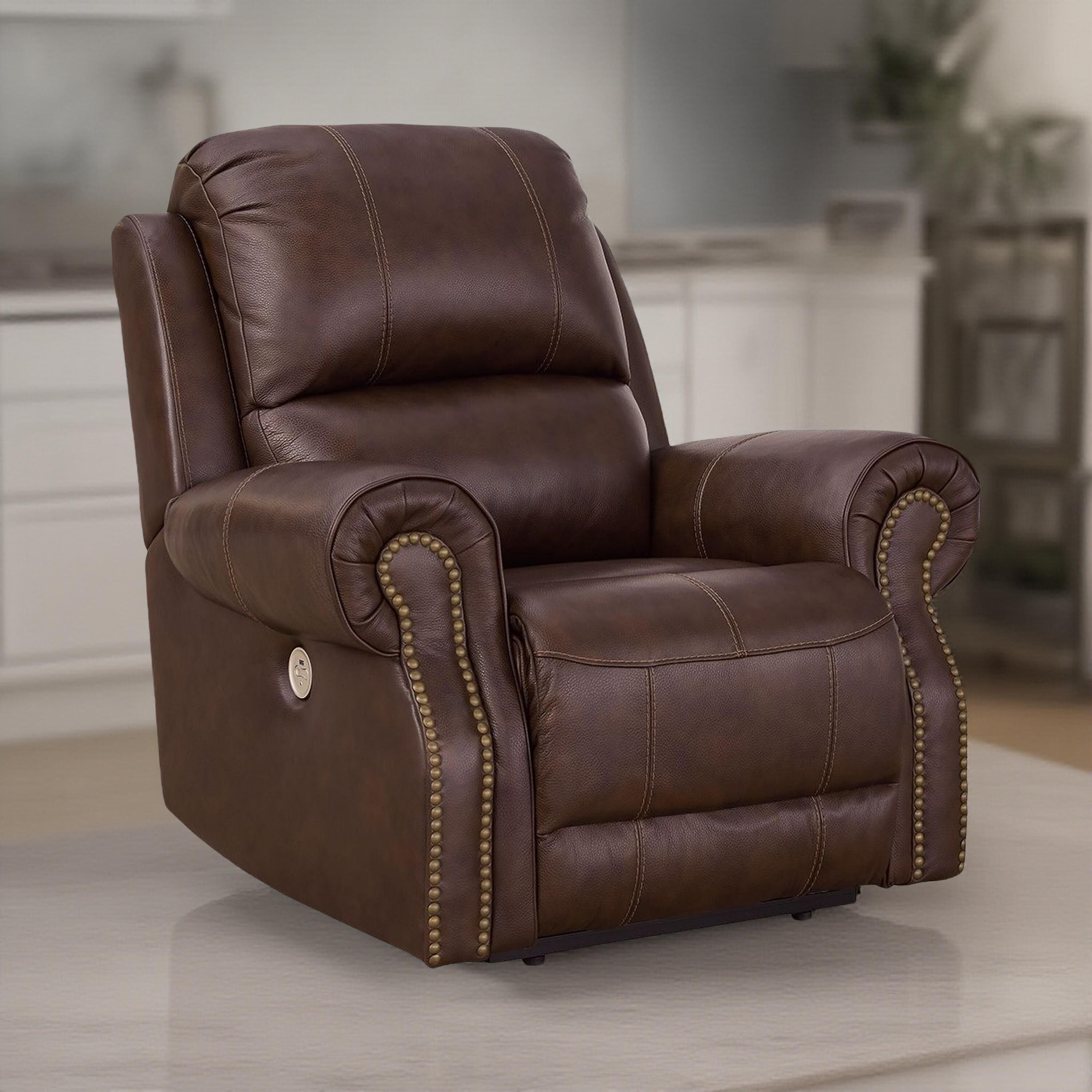 Fauteuil inclinable électrique Freye, USB, sans paroi, cuir marron foncé, garniture cloutée