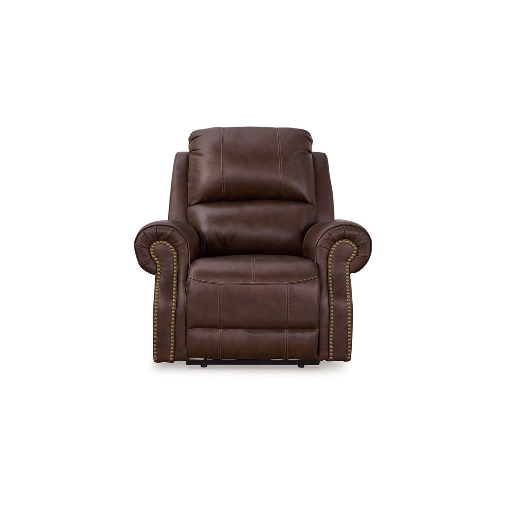 Fauteuil inclinable électrique Freye, USB, sans paroi, cuir marron foncé, garniture cloutée
