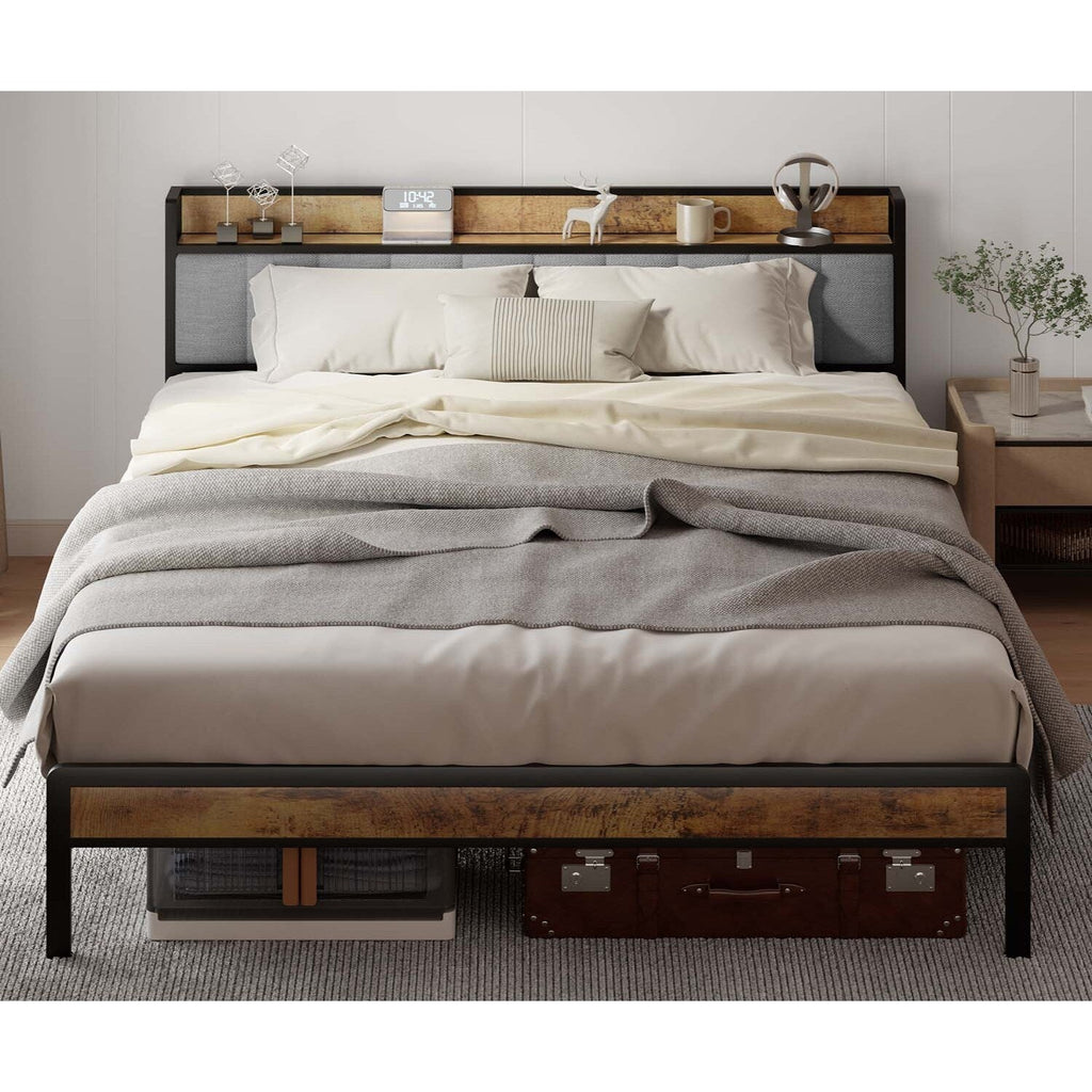 Cadre de lit plateforme en métal pour lit simple, double, queen ou king size avec tête de lit rembourrée et rangement