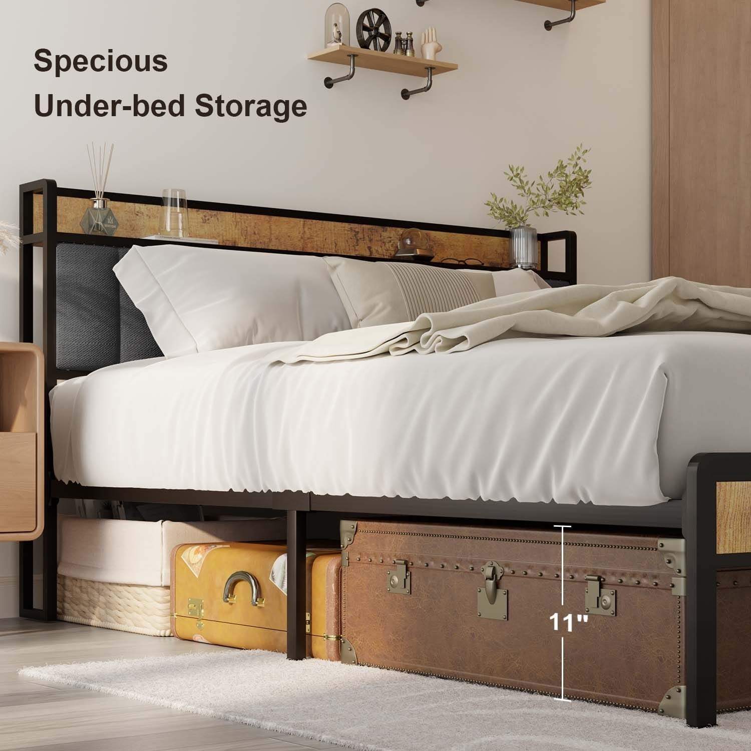 Cadre de lit plateforme en métal pour lit simple, double, queen ou king size avec tête de lit rembourrée et rangement