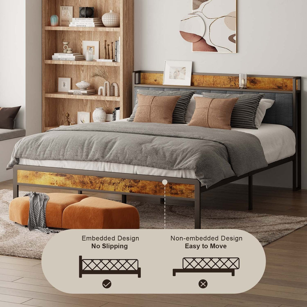 Cadre de lit plateforme en métal pour lit simple, double, queen ou king size avec tête de lit rembourrée et rangement