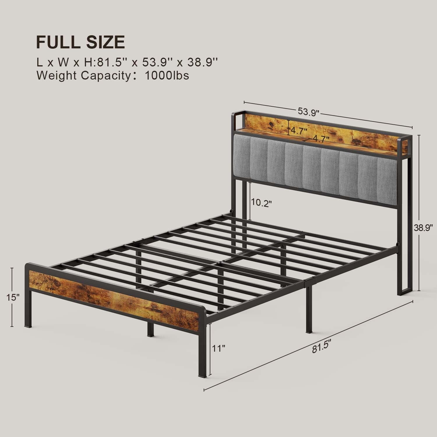Cadre de lit plateforme en métal pour lit simple, double, queen ou king size avec tête de lit rembourrée et rangement