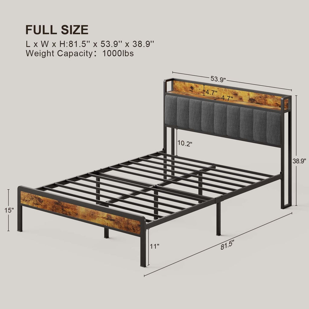 Cadre de lit plateforme en métal pour lit simple, double, queen ou king size avec tête de lit rembourrée et rangement