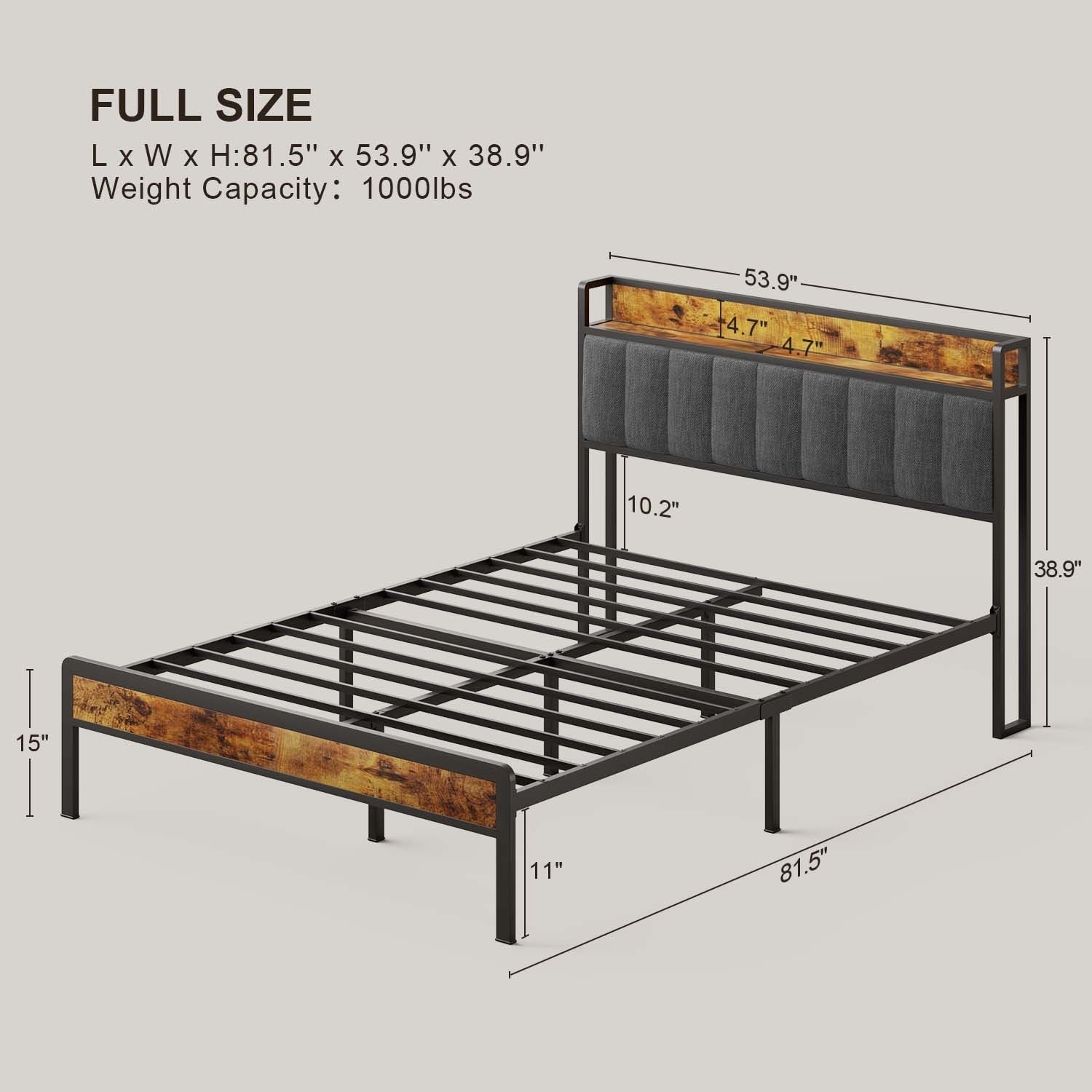 Cadre de lit plateforme en métal pour lit simple, double, queen ou king size avec tête de lit rembourrée et rangement