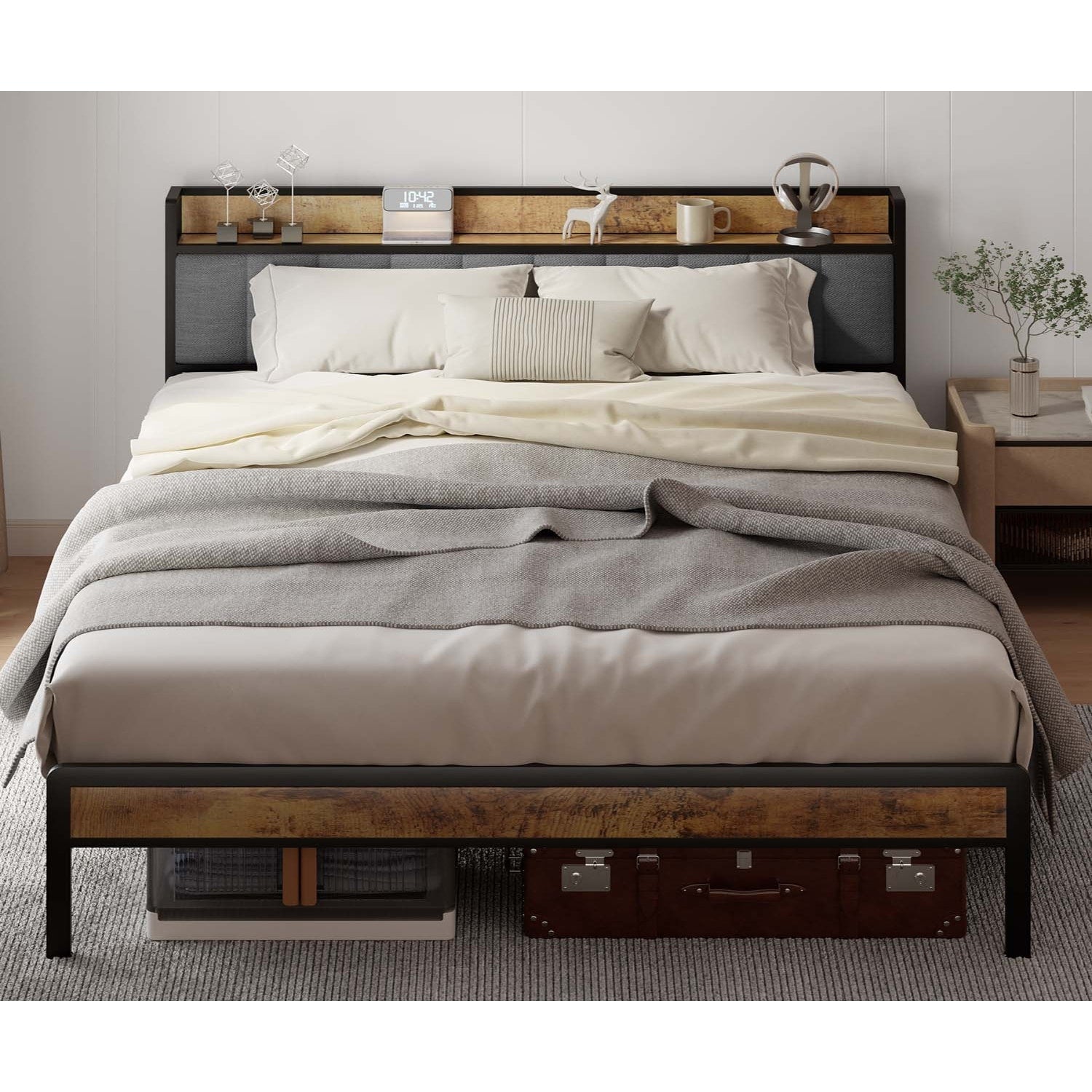 Cadre de lit plateforme en métal pour lit simple, double, queen ou king size avec tête de lit rembourrée et rangement