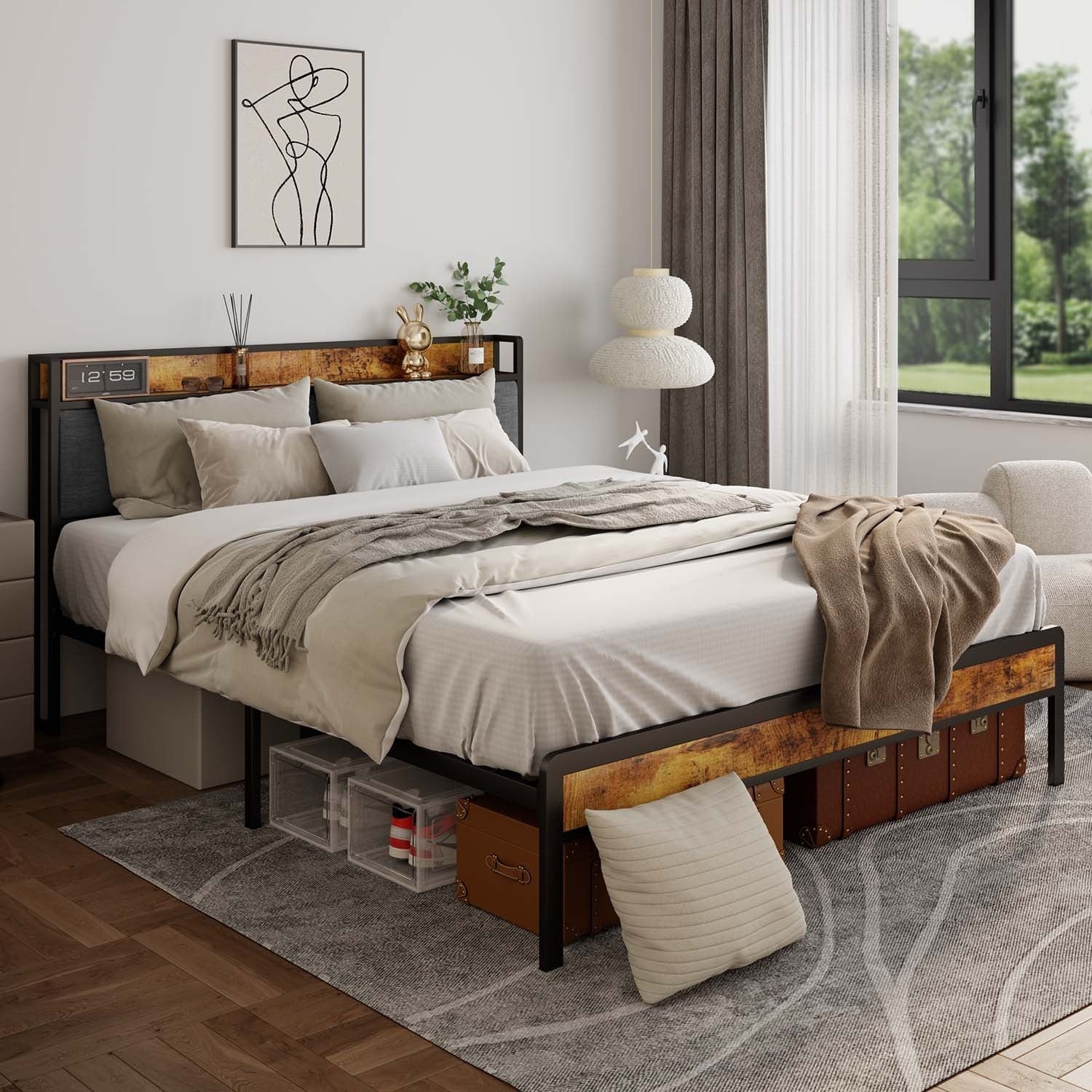Cadre de lit plateforme en métal pour lit simple, double, queen ou king size avec tête de lit rembourrée et rangement