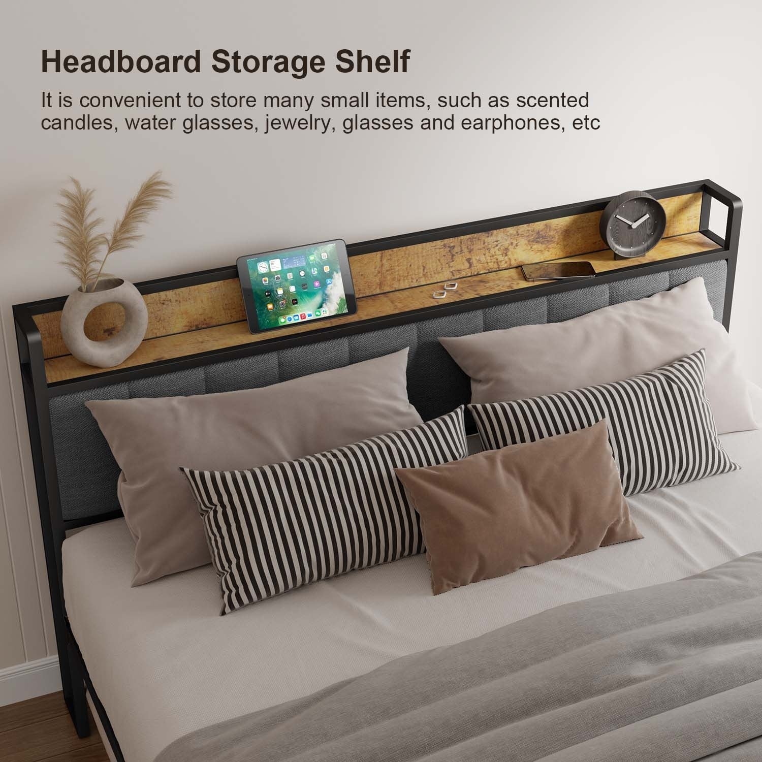 Cadre de lit plateforme en métal pour lit simple, double, queen ou king size avec tête de lit rembourrée et rangement