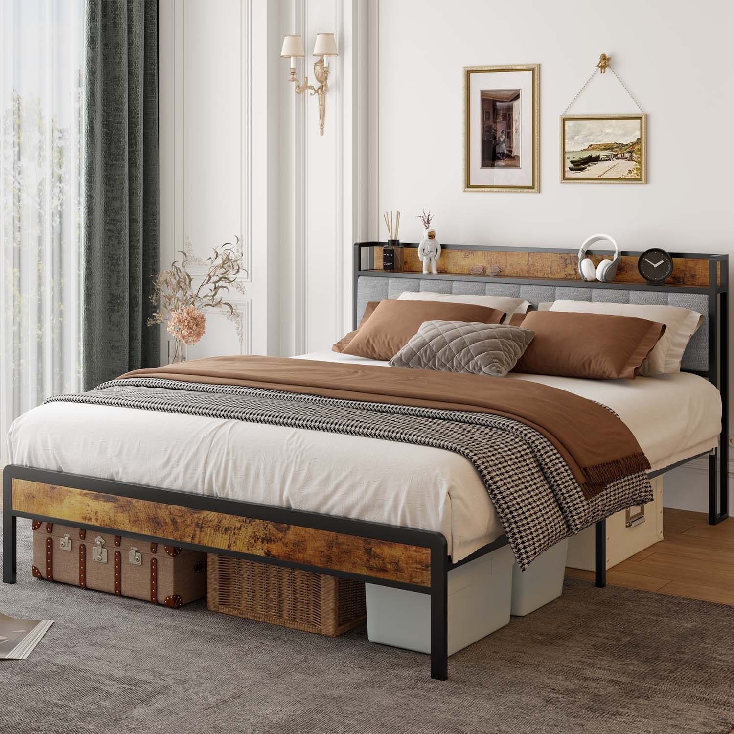Cadre de lit plateforme en métal pour lit simple, double, queen ou king size avec tête de lit rembourrée et rangement