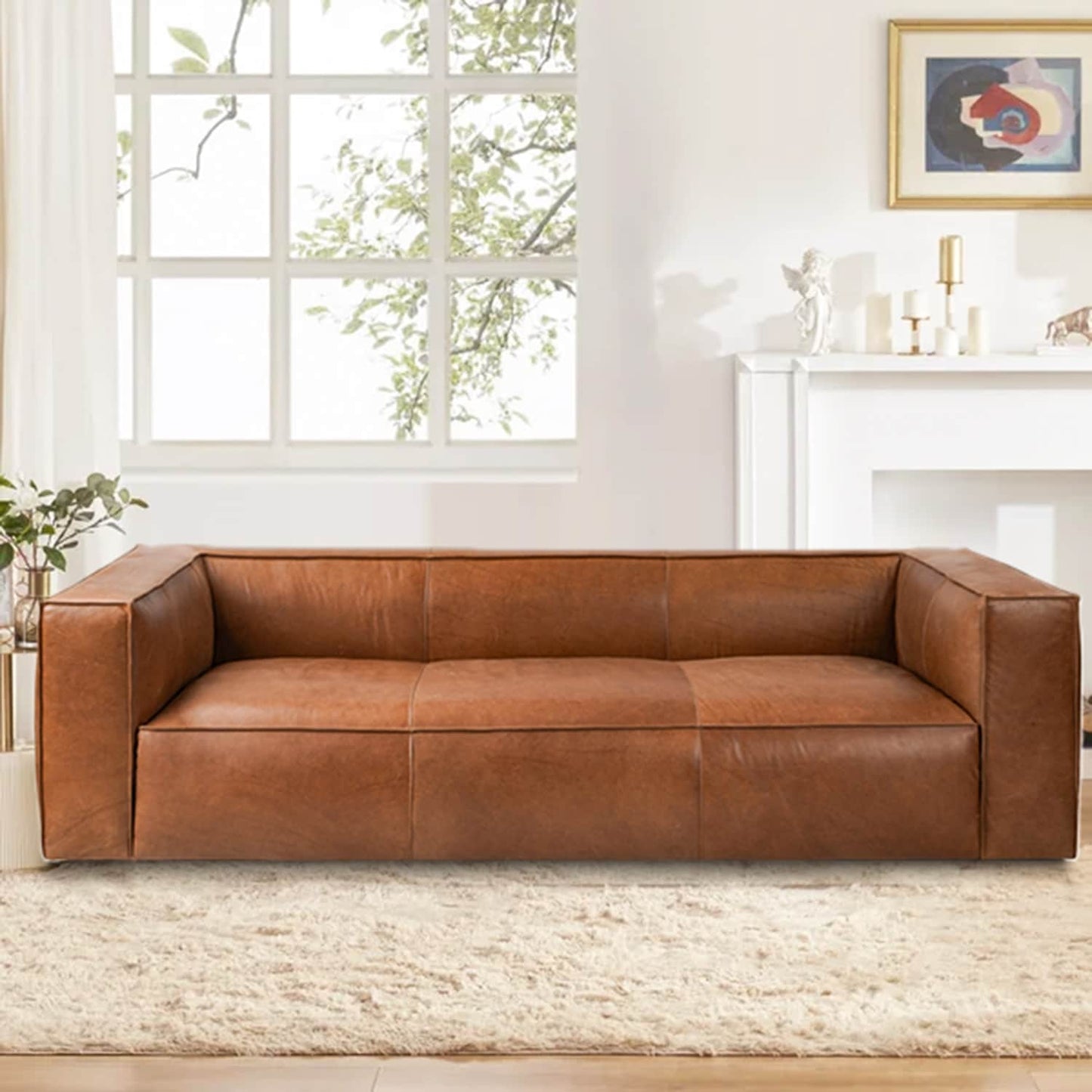 Canapé de salon UR en cuir aniline, canapé moderne en cuir véritable pour salon - 100 l x 43 P x 26,25 H