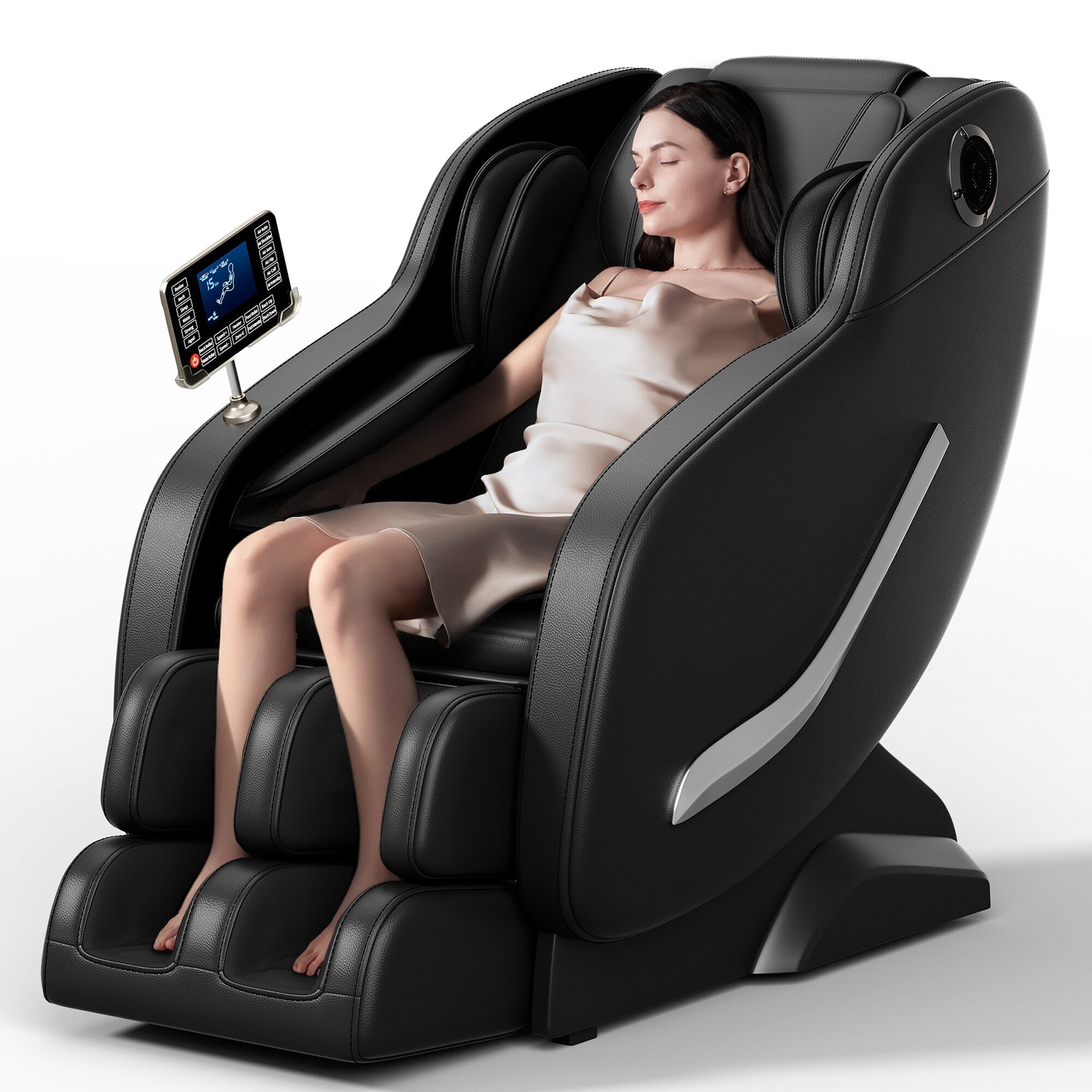 Fauteuil de massage complet, fauteuil inclinable à gravité zéro avec airbags, thermothérapie et haut-parleurs Hi-Fi, commande par écran tactile LCD