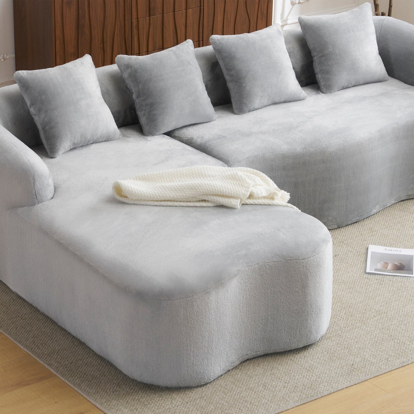 Canapé sectionnel en L à compression complète avec méridienne incurvée, canapé modulaire en chenille, canapé à compression