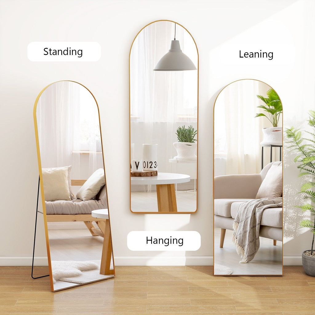 Miroir arqué pleine longueur avec verre incassable et support, cadre en alliage d'aluminium pour vestiaire de chambre, sur pied