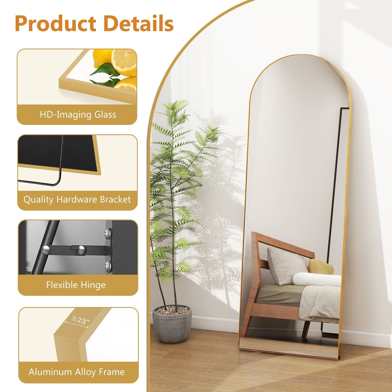 Miroir arqué pleine longueur avec verre incassable et support, cadre en alliage d'aluminium pour vestiaire de chambre, sur pied