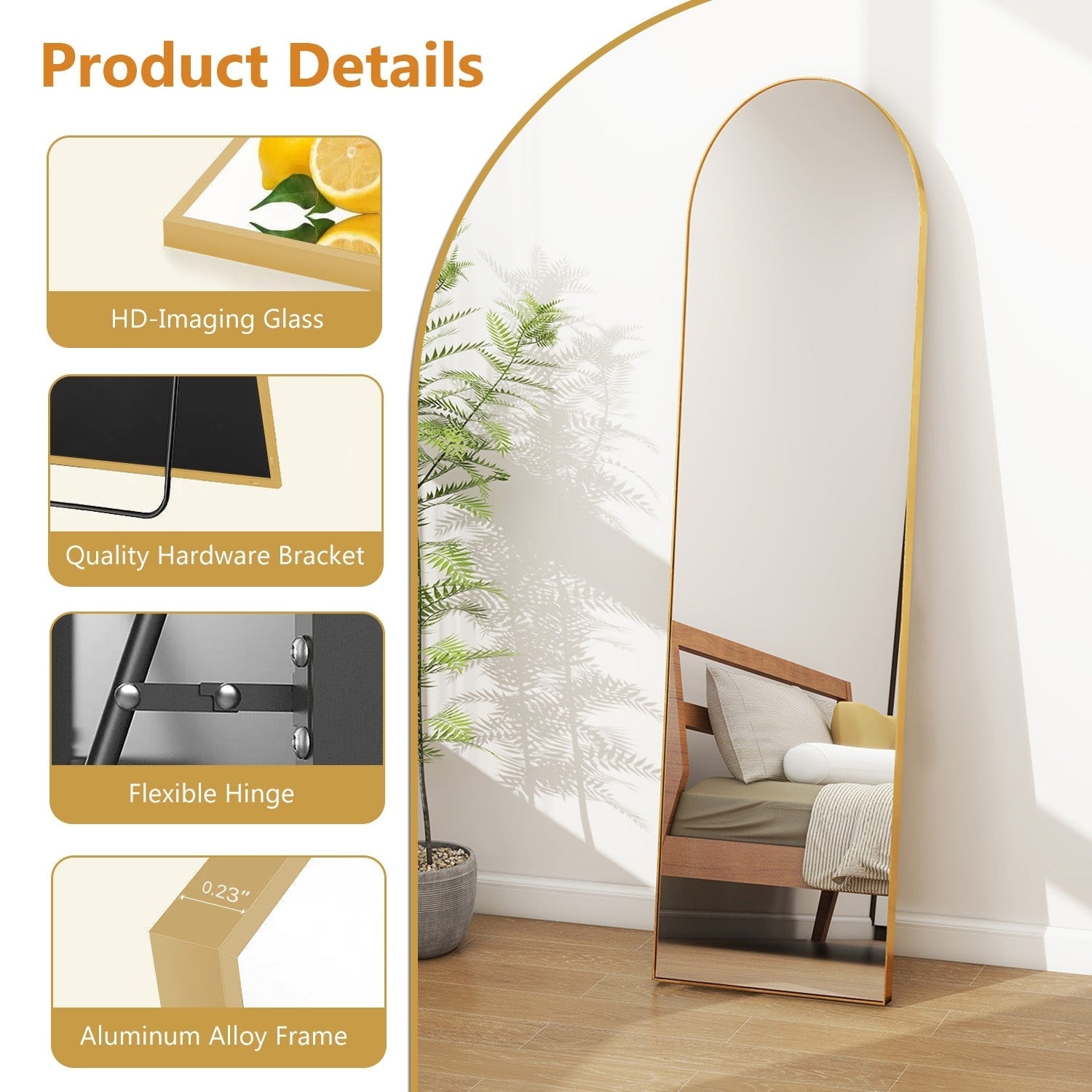 Miroir arqué pleine longueur avec verre incassable et support, cadre en alliage d'aluminium pour vestiaire de chambre, sur pied