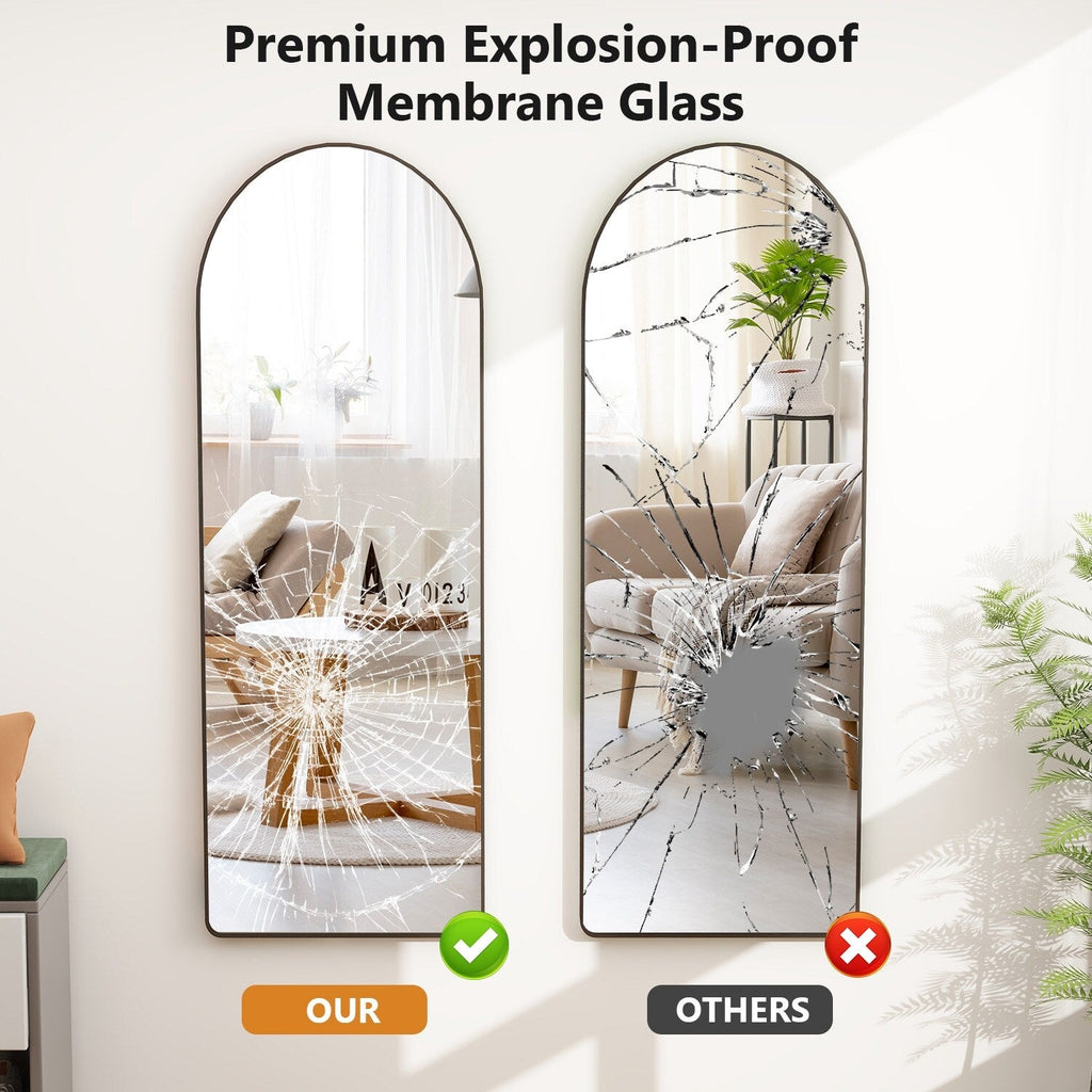 Miroir arqué pleine longueur avec verre incassable et support, cadre en alliage d'aluminium pour vestiaire de chambre, sur pied