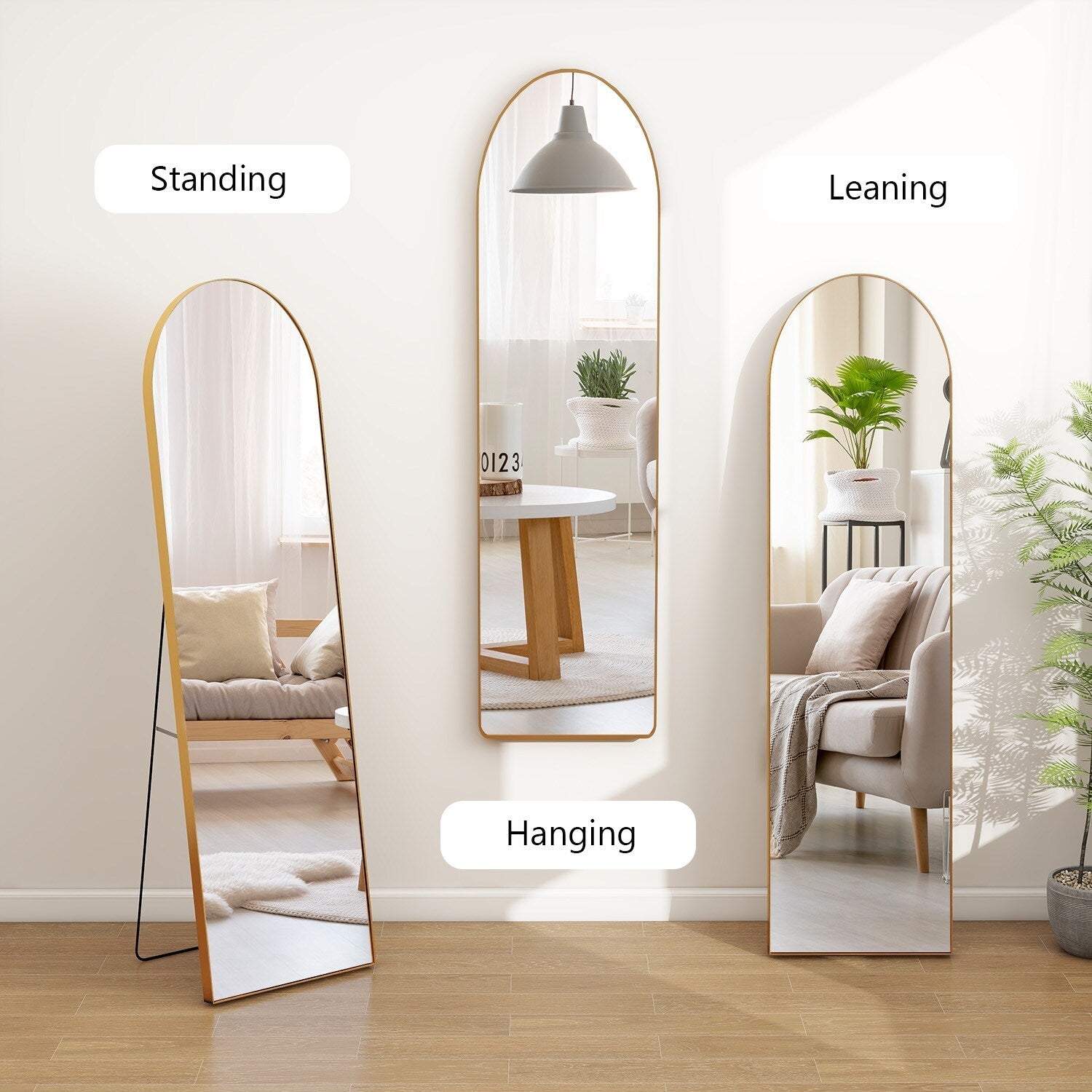 Miroir arqué pleine longueur avec verre incassable et support, cadre en alliage d'aluminium pour vestiaire de chambre, sur pied