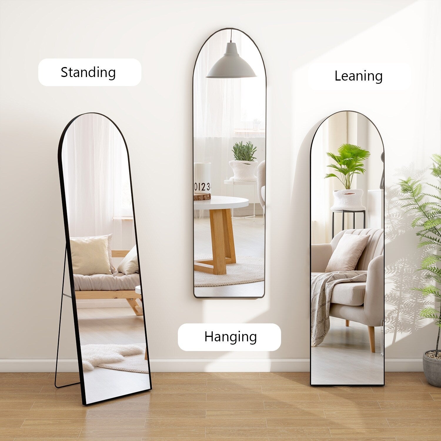 Miroir arqué pleine longueur avec verre incassable et support, cadre en alliage d'aluminium pour vestiaire de chambre, sur pied