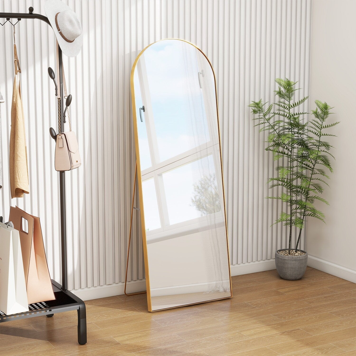 Miroir arqué pleine longueur avec verre incassable et support, cadre en alliage d'aluminium pour vestiaire de chambre, sur pied