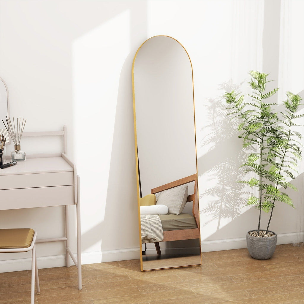 Miroir arqué pleine longueur avec verre incassable et support, cadre en alliage d'aluminium pour vestiaire de chambre, sur pied