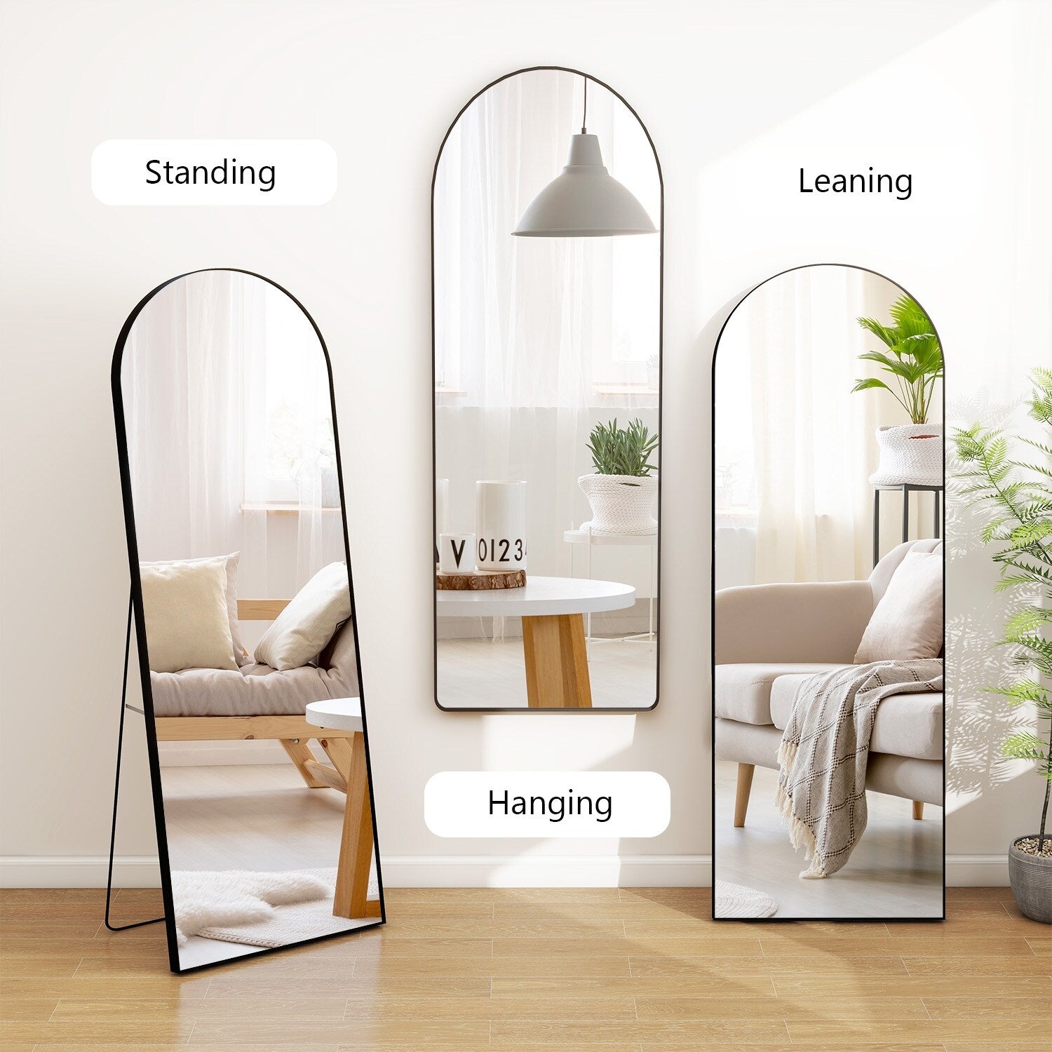 Miroir arqué pleine longueur avec verre incassable et support, cadre en alliage d'aluminium pour vestiaire de chambre, sur pied