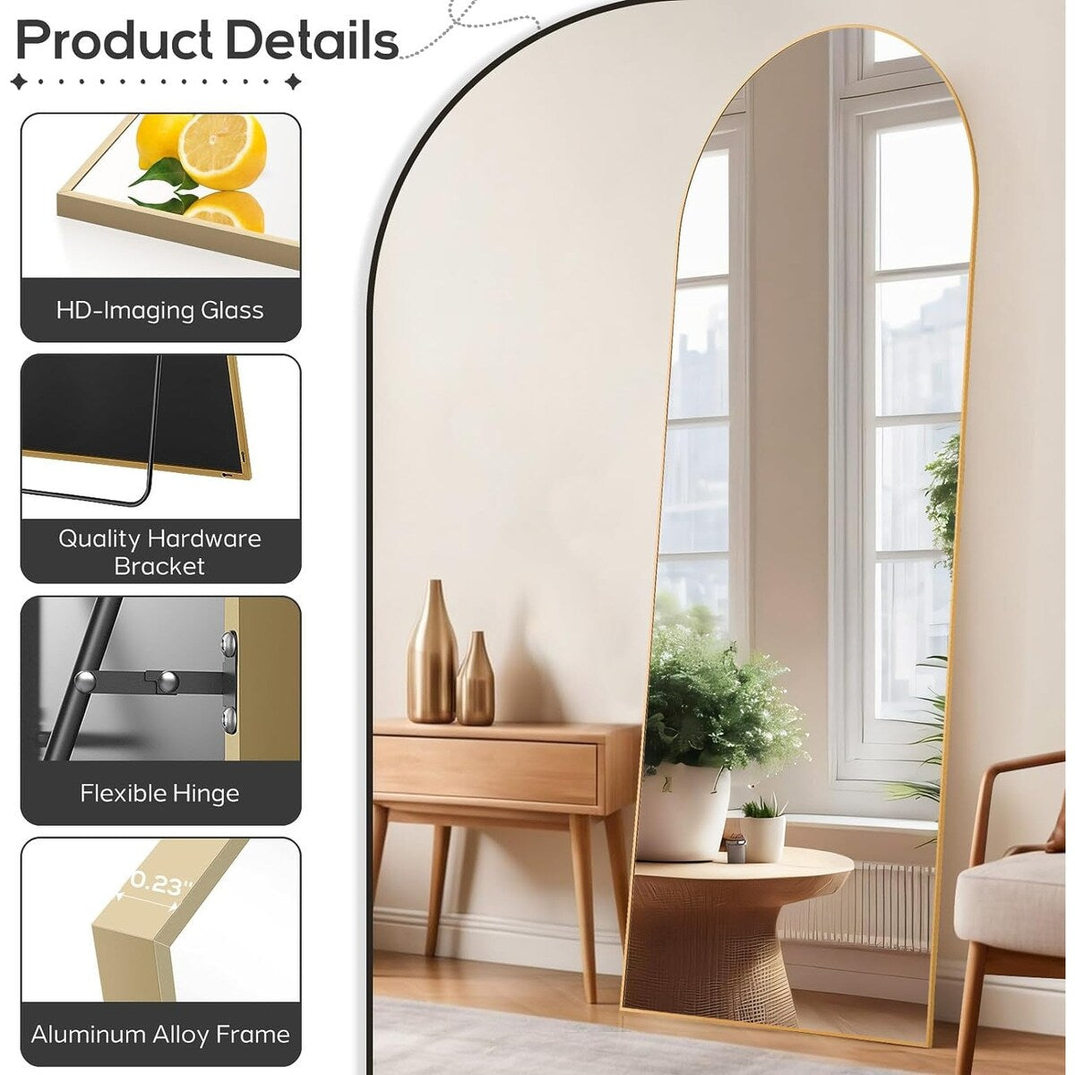 Miroir pleine longueur avec support, miroir de sol avec cadre en alliage d'aluminium pour chambre à coucher, miroir mural sur pied pour vestiaire