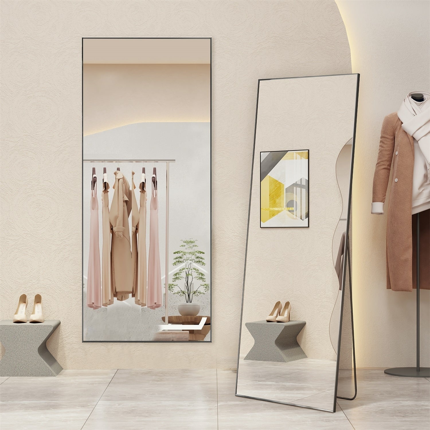 Miroir pleine longueur avec support, miroir de sol avec cadre en alliage d'aluminium pour chambre à coucher, miroir mural sur pied pour vestiaire