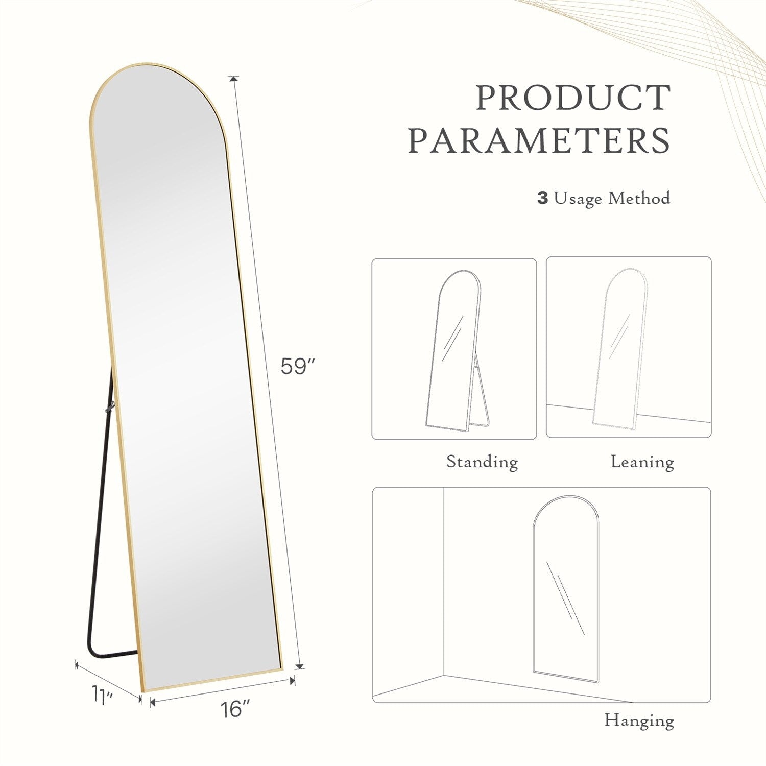 Miroir pleine longueur avec support, miroir de sol avec cadre en alliage d'aluminium pour chambre à coucher, miroir mural sur pied pour vestiaire